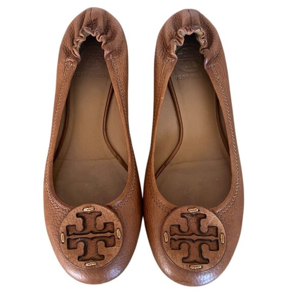 Tory Burch Women's Casual Shoes Reva Flat Tan Logo Leather Size 7 - Picture 2 of 10
